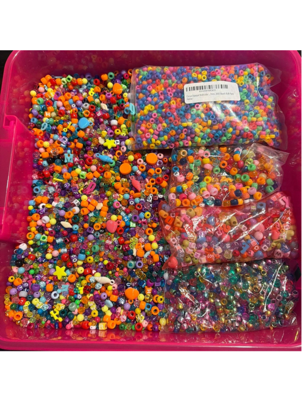 Extra large hot pink craft organizer With Multi-colored acrylic beads and charms